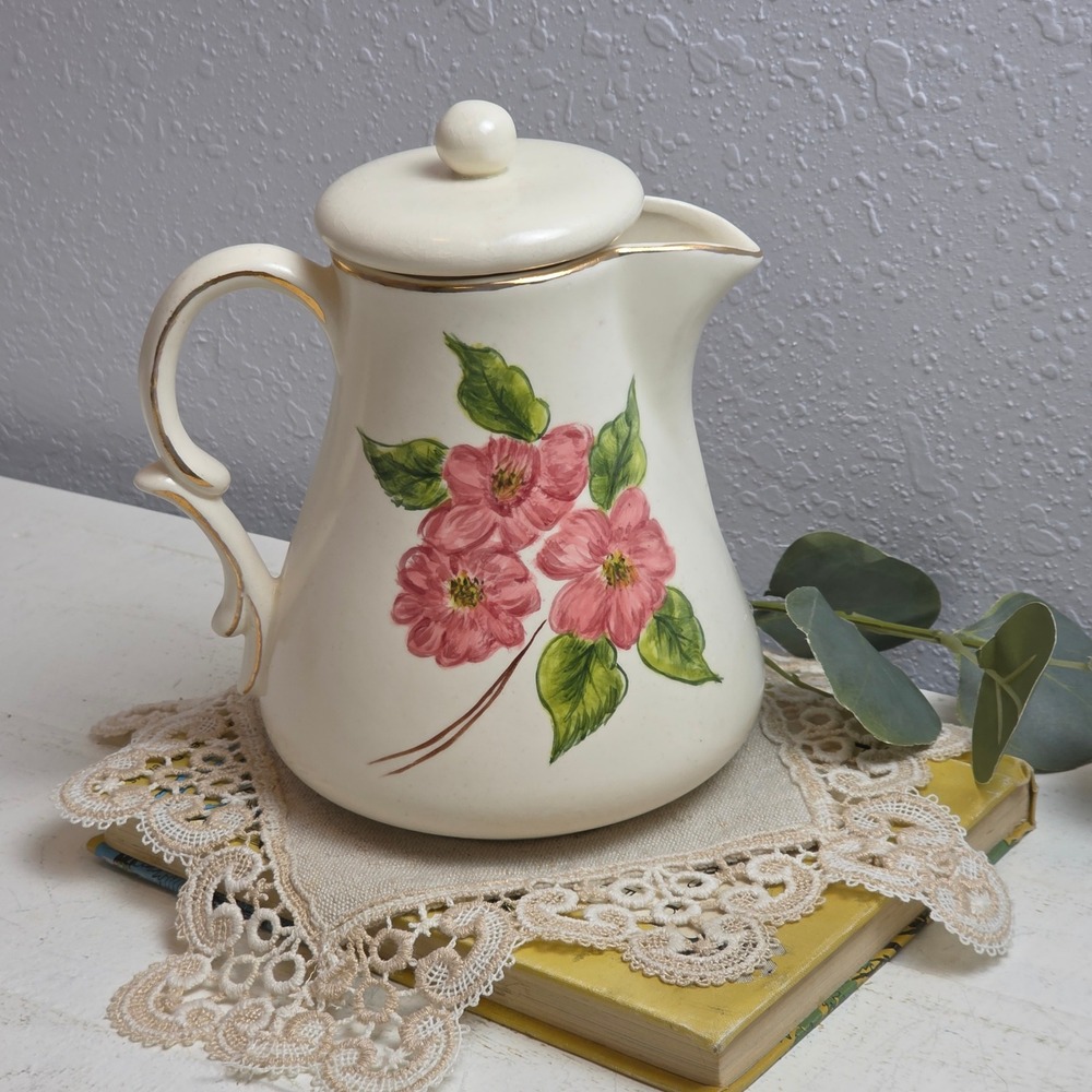 Vintage Hand Painted Floral Ceramic Teapot with Gold Trim Cream Pink‎ Flower Pot